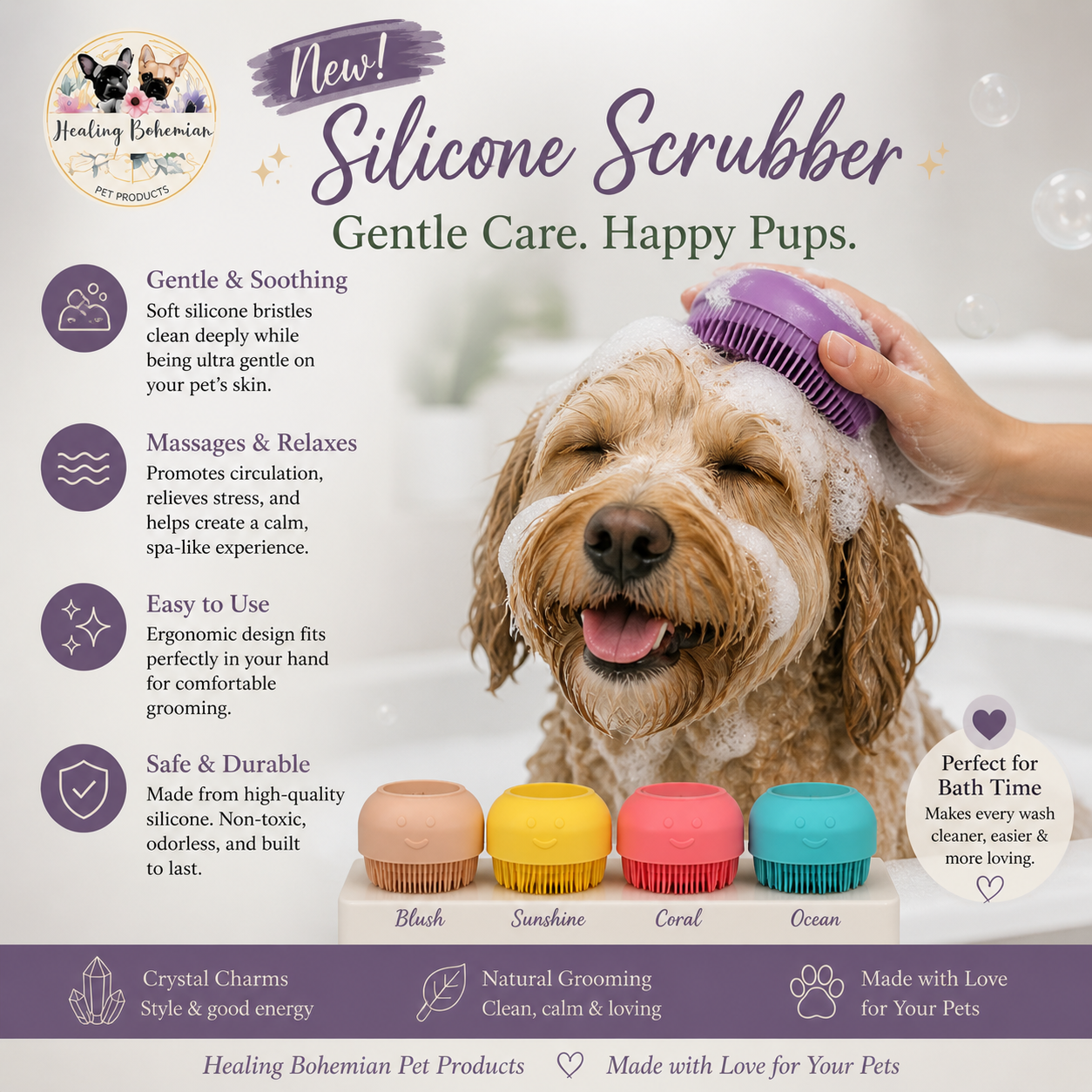 Silicone Scrubbers Silicone Dog Scrubber Brush | Gentle Pet Bath Brush | Healing Bohemian