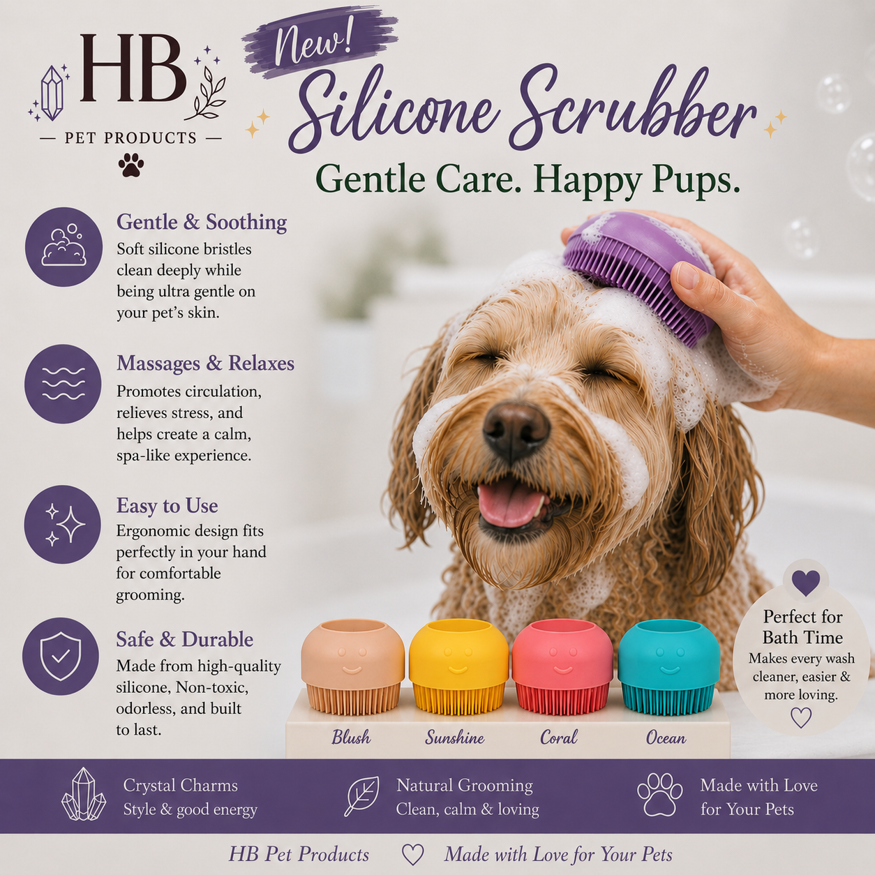 Silicone Scrubbers Silicone Dog Scrubber Brush | Gentle Pet Bath Brush | Healing Bohemian